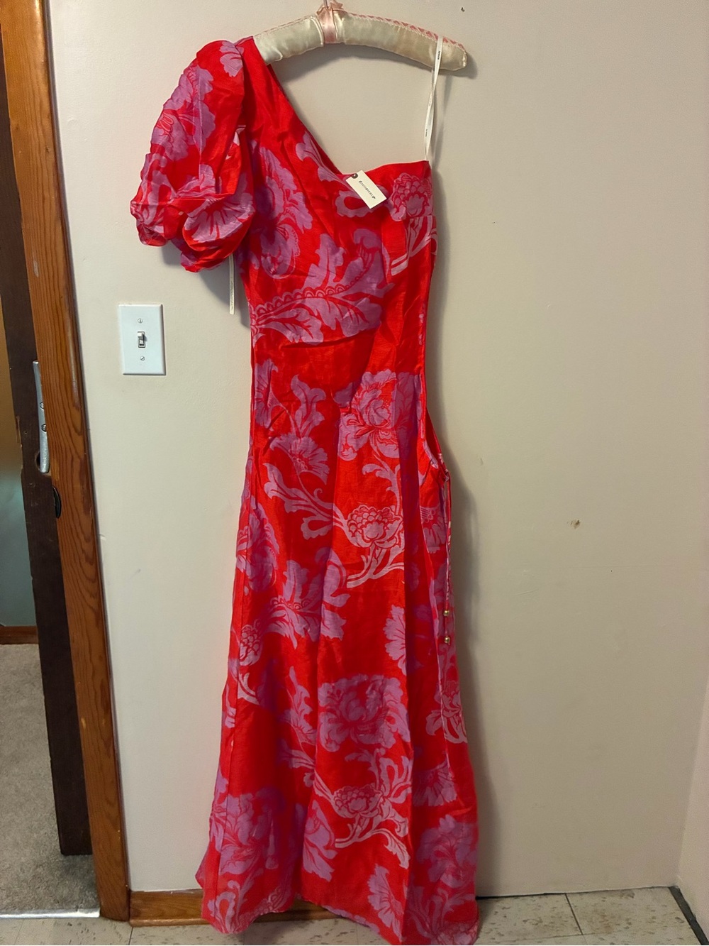 Anthropologie Red and Lilac One-Shoulder Floral Maxi Dress